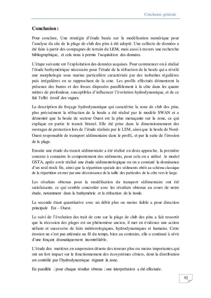 Modélisation numérique des paramètres sédimentologique et de pollution le long d\'une côte: cas de club des pins