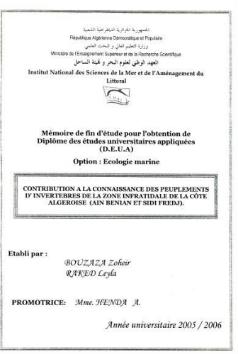 Contribution à la connaissance des peuplements d'invertébrés de la zone infratidale de la côte Algéroise (Aïn Benian et Sidi fredj).: Contribution à la connaissance des peuplements d'invertébrés de la zone infratidale de la côte Algéroise (Aïn Benian et Sidi fredj).: