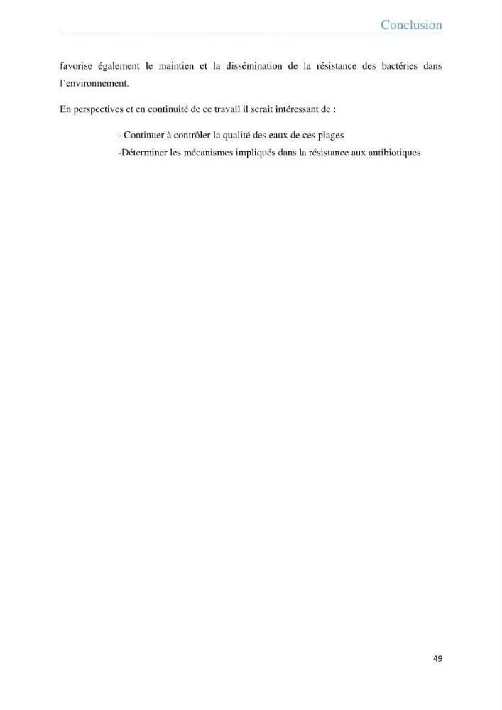 Analyse microbiologique et évaluation de la résistance aux antibiotiques des eaux de plages algéroises.