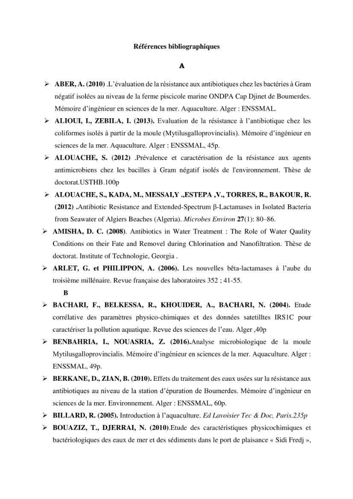 Analyse microbiologique et évaluation de la résistance aux antibiotiques des eaux de plages algéroises.