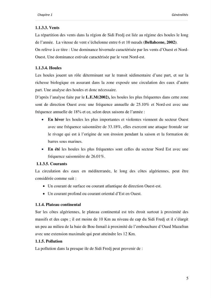 Paramètres environnementaux de la plage ouest de Sidi Fredj