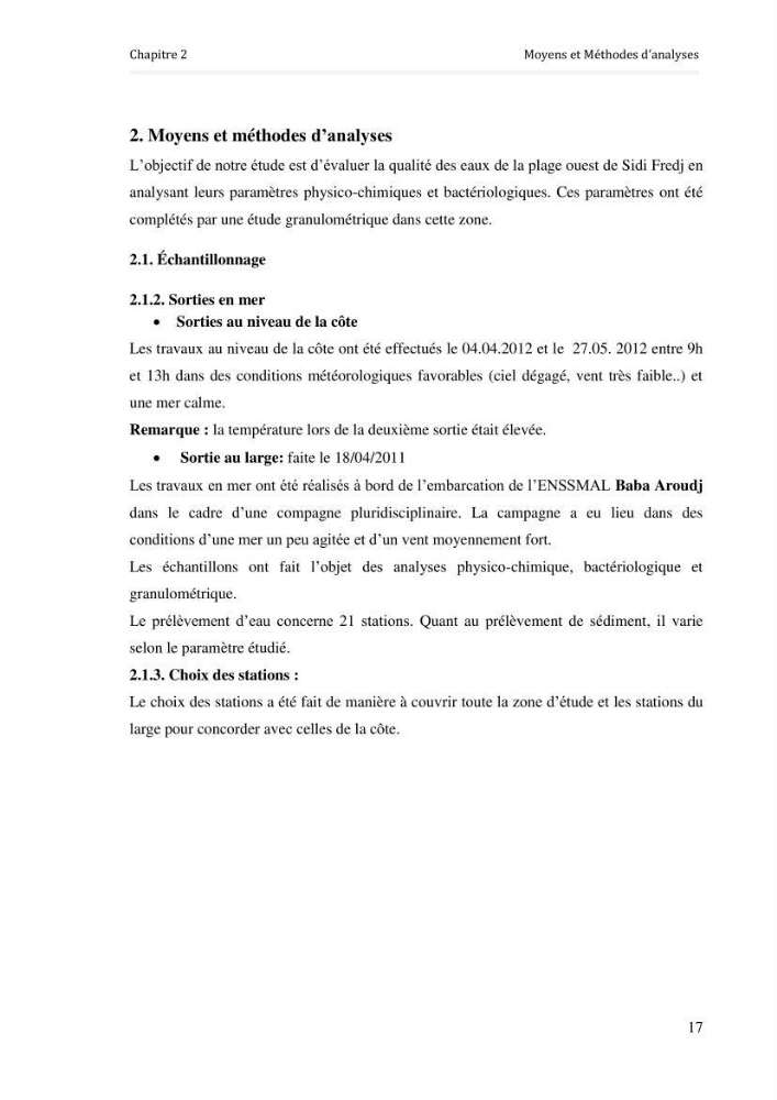Paramètres environnementaux de la plage ouest de Sidi Fredj