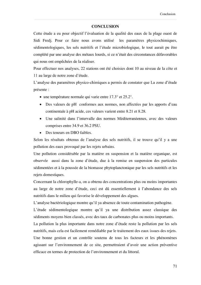 Paramètres environnementaux de la plage ouest de Sidi Fredj