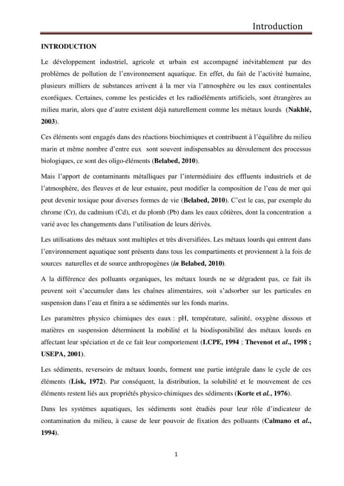 Evaluation du taux de la pollution des eaux et des sédiments par les métaux lourds au niveau du littoral de Boumerdes