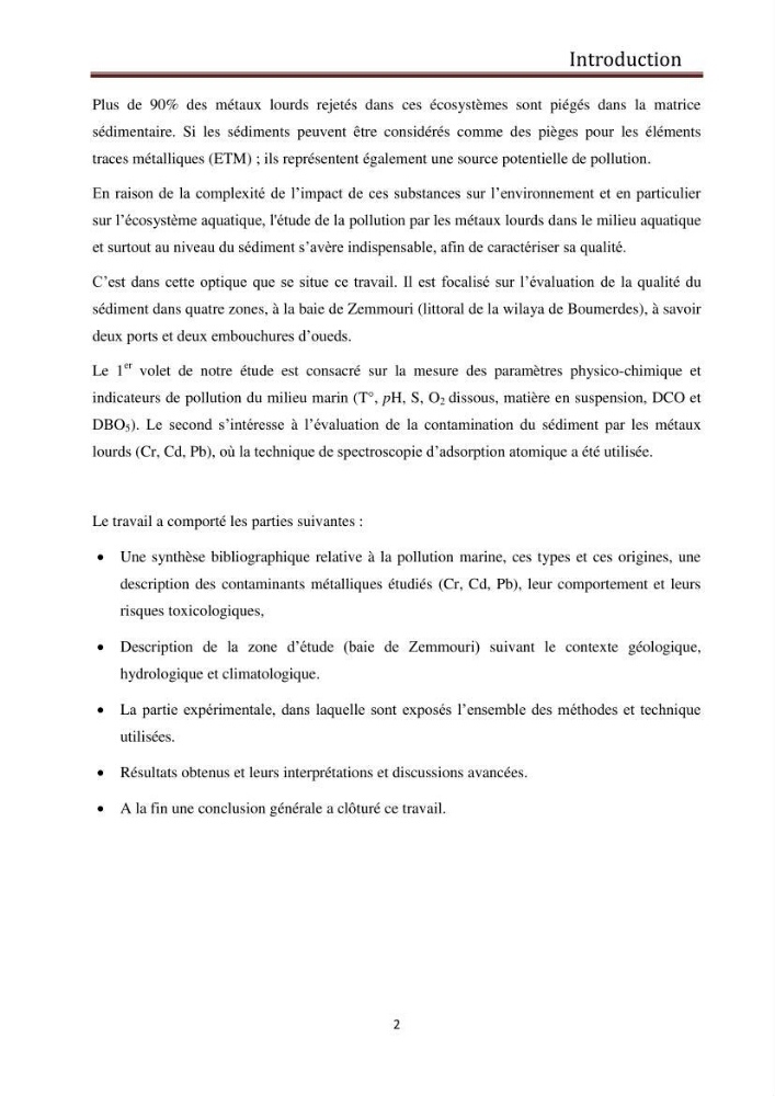 Evaluation du taux de la pollution des eaux et des sédiments par les métaux lourds au niveau du littoral de Boumerdes