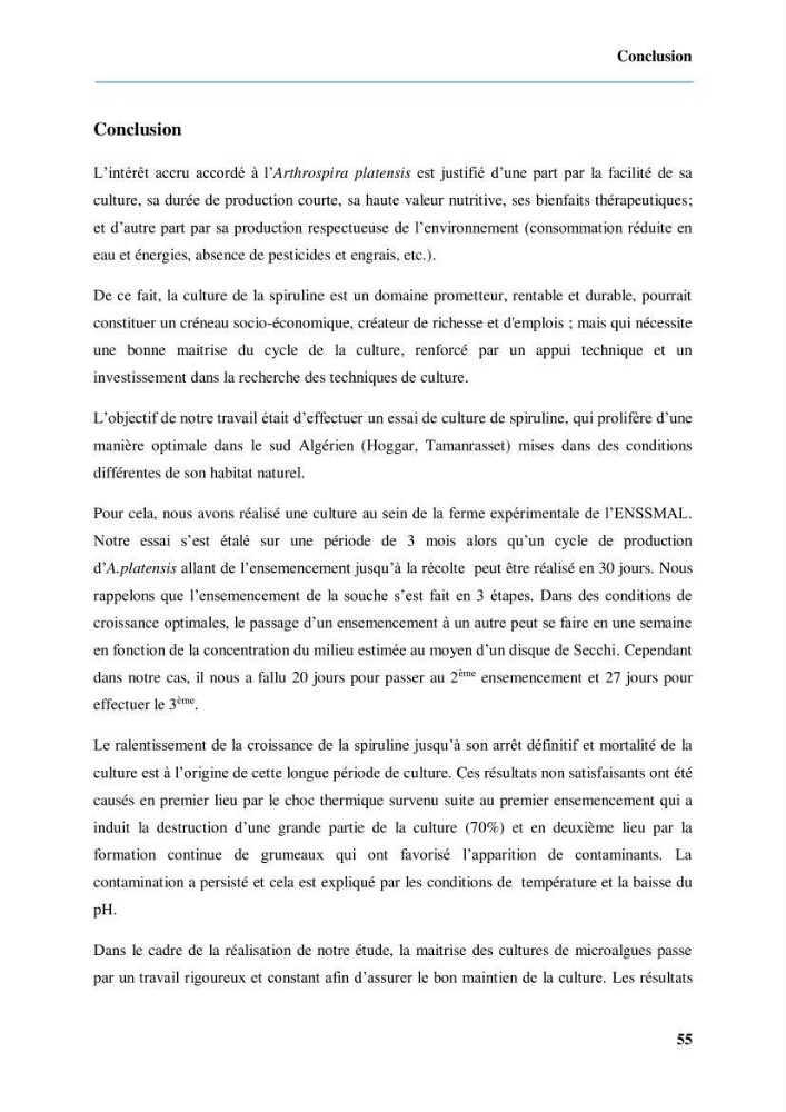 Culture de microalgue Arthrospira platensis et voies de conditionnement