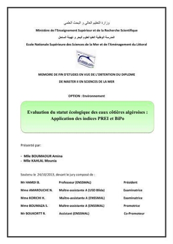 Evaluation du statut écologique des eaux côtieres Algéroises Evaluation du statut écologique des eaux côtieres Algéroises
