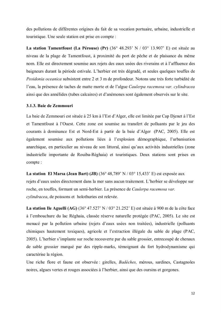 Evaluation du statut écologique des eaux côtieres Algéroises
