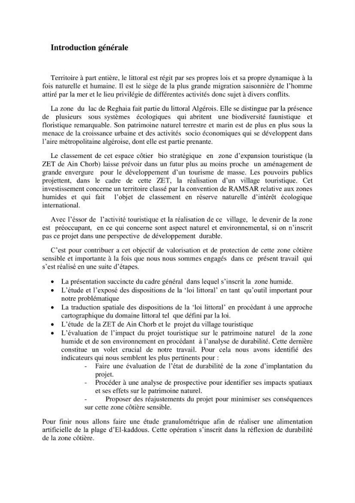 Contribution à l\'analyse de durabilité du domaine (101-02-02) inclus dans le projet de la zone d\'expansion touristique de Ainchorb-wilaya d\'Alger