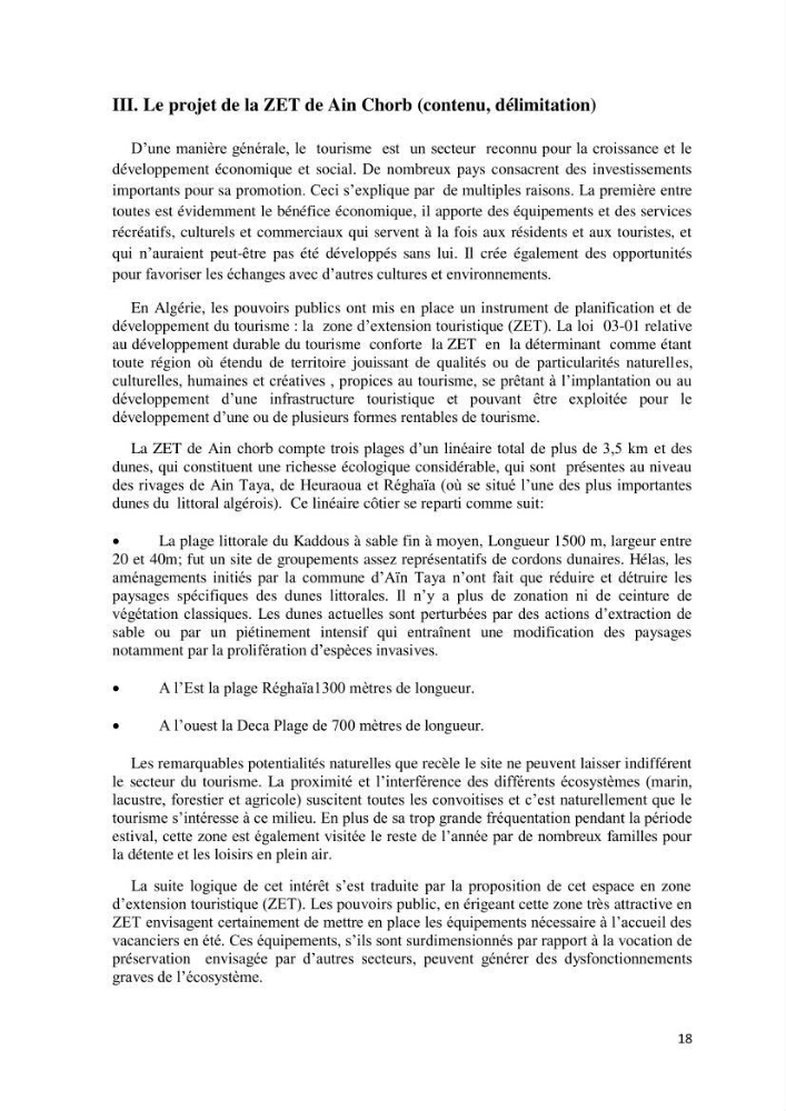 Contribution à l\'analyse de durabilité du domaine (101-02-02) inclus dans le projet de la zone d\'expansion touristique de Ainchorb-wilaya d\'Alger