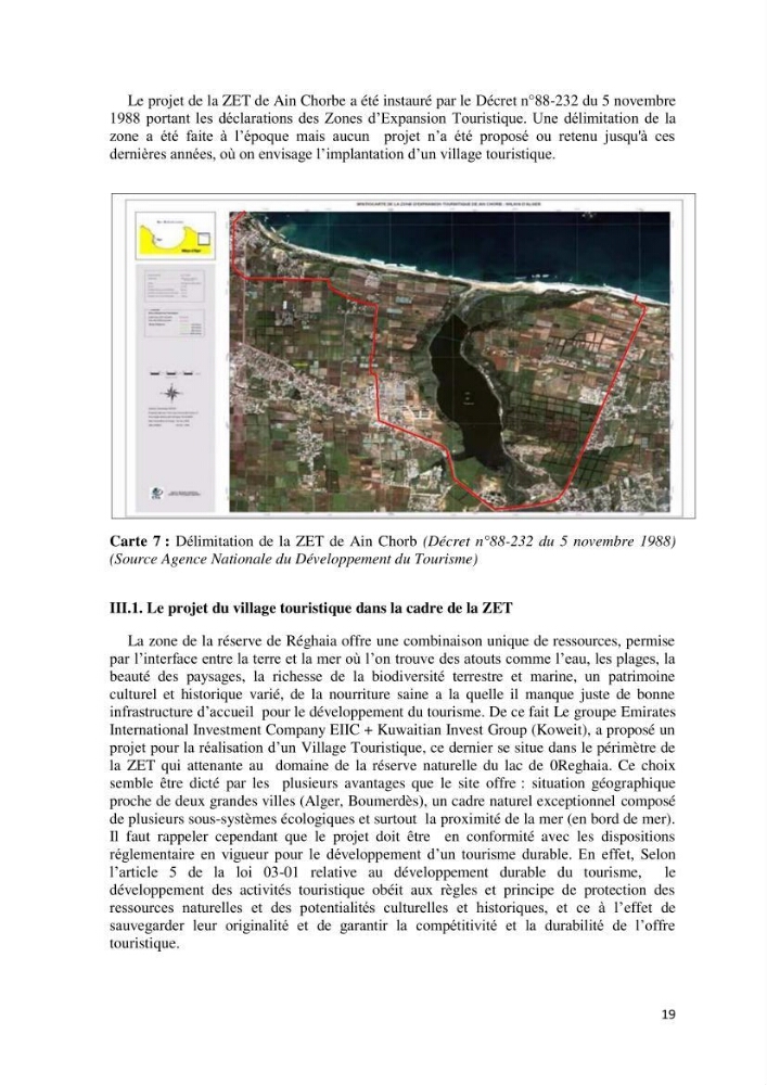 Contribution à l\'analyse de durabilité du domaine (101-02-02) inclus dans le projet de la zone d\'expansion touristique de Ainchorb-wilaya d\'Alger