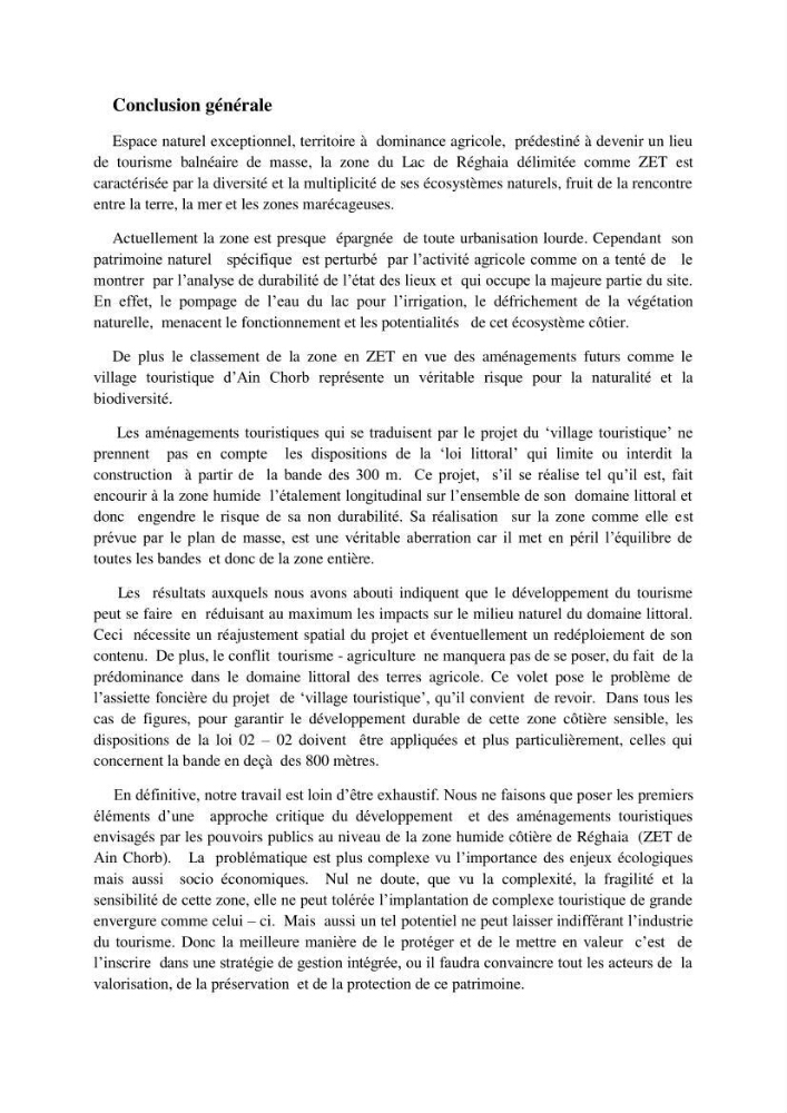 Contribution à l\'analyse de durabilité du domaine (101-02-02) inclus dans le projet de la zone d\'expansion touristique de Ainchorb-wilaya d\'Alger
