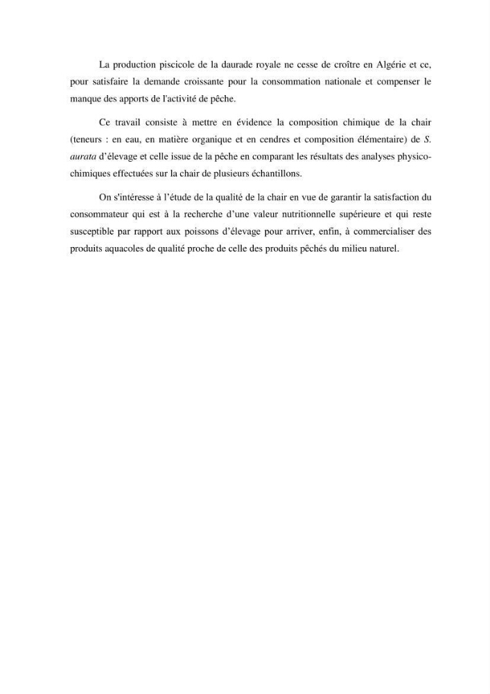 Etude biologique préliminaire de la composition chimique de la chair de la daurade royale Sparus aurata (Linné, 1758) de la région centre de la côte Algérienne.