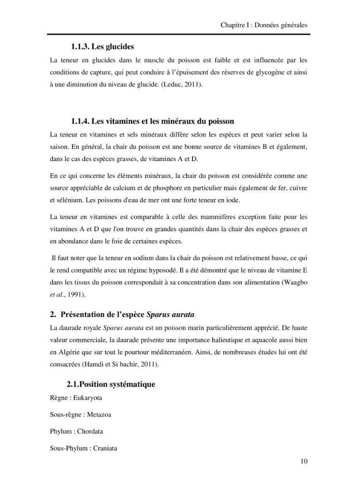 Etude biologique préliminaire de la composition chimique de la chair de la daurade royale Sparus aurata (Linné, 1758) de la région centre de la côte Algérienne.