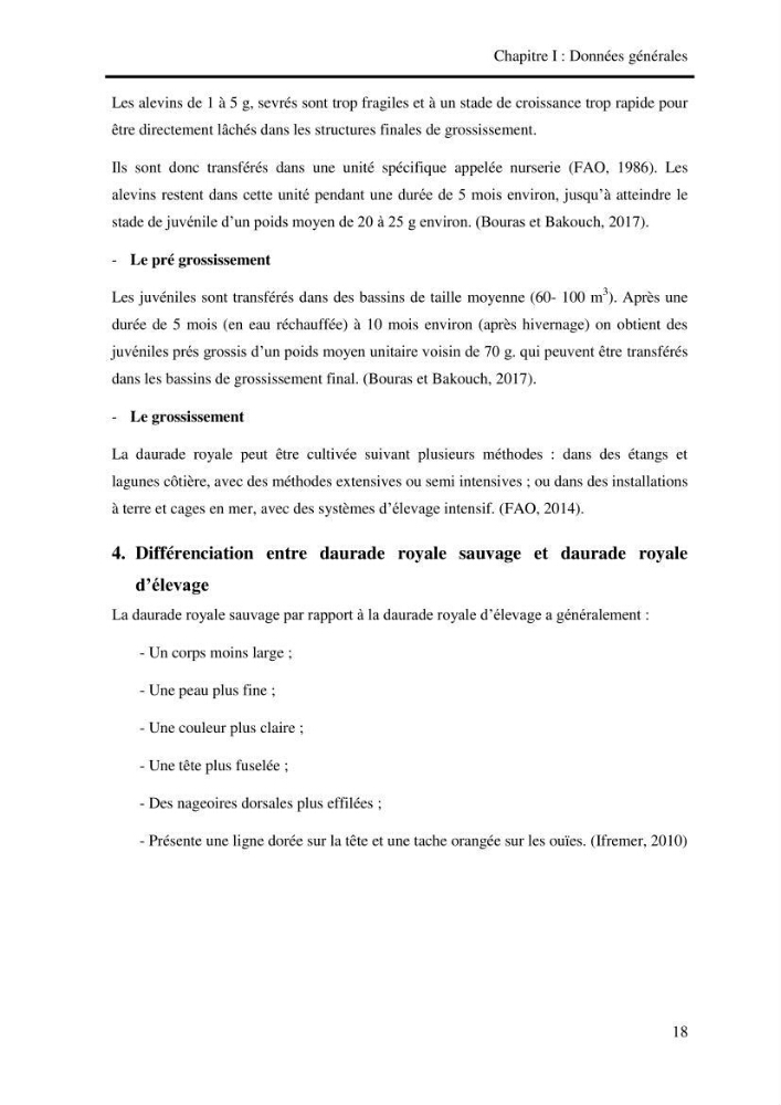 Etude biologique préliminaire de la composition chimique de la chair de la daurade royale Sparus aurata (Linné, 1758) de la région centre de la côte Algérienne.