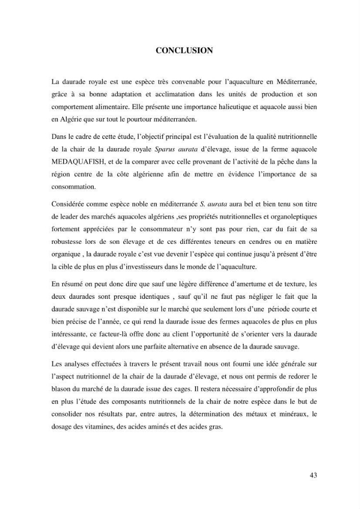 Etude biologique préliminaire de la composition chimique de la chair de la daurade royale Sparus aurata (Linné, 1758) de la région centre de la côte Algérienne.