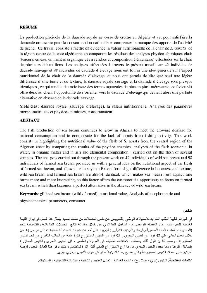 Etude biologique préliminaire de la composition chimique de la chair de la daurade royale Sparus aurata (Linné, 1758) de la région centre de la côte Algérienne.