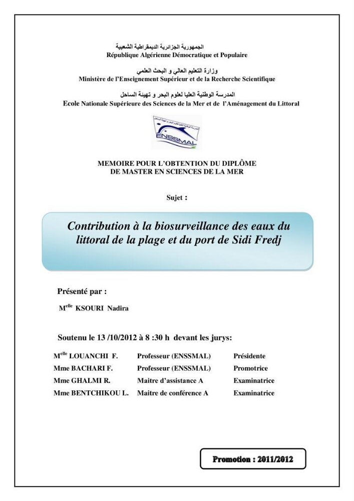Contribution à la biosurveillance des eaux du littoral de la plage et du port de Sidi Fredj