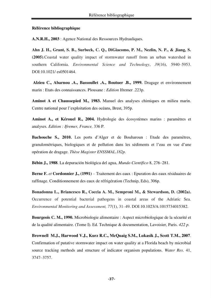 Contribution à la biosurveillance des eaux du littoral de la plage et du port de Sidi Fredj