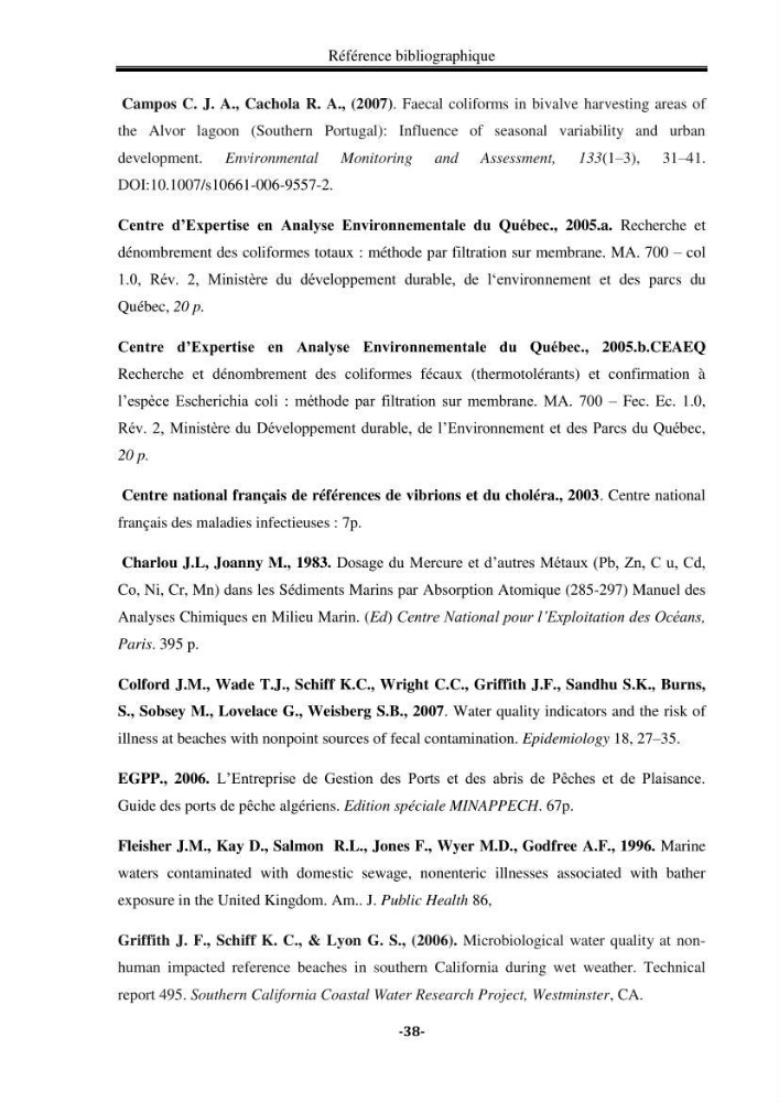 Contribution à la biosurveillance des eaux du littoral de la plage et du port de Sidi Fredj