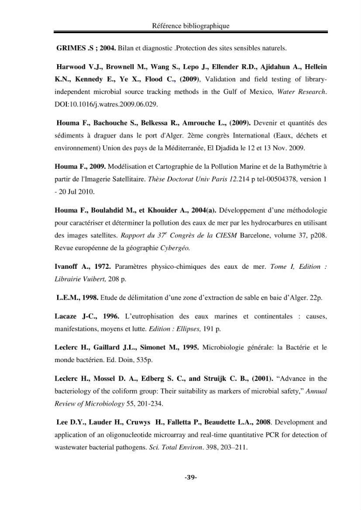 Contribution à la biosurveillance des eaux du littoral de la plage et du port de Sidi Fredj