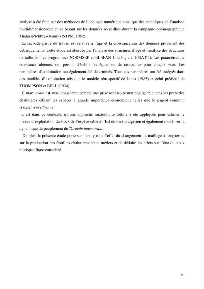 Comportement, Croissance et Exploitation de Torpedo marmorata Risso, 1810 (CHONDRICHTHYENS, TORPEDINIDAE) dans le bassin Algérien