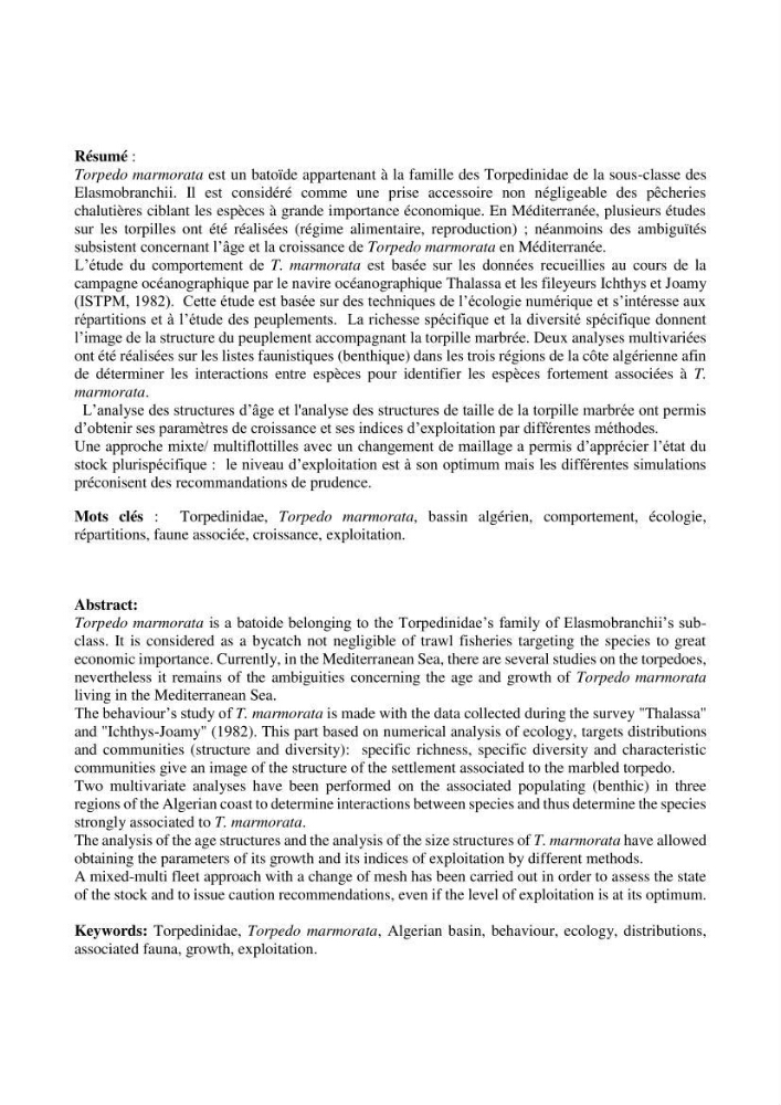 Comportement, Croissance et Exploitation de Torpedo marmorata Risso, 1810 (CHONDRICHTHYENS, TORPEDINIDAE) dans le bassin Algérien