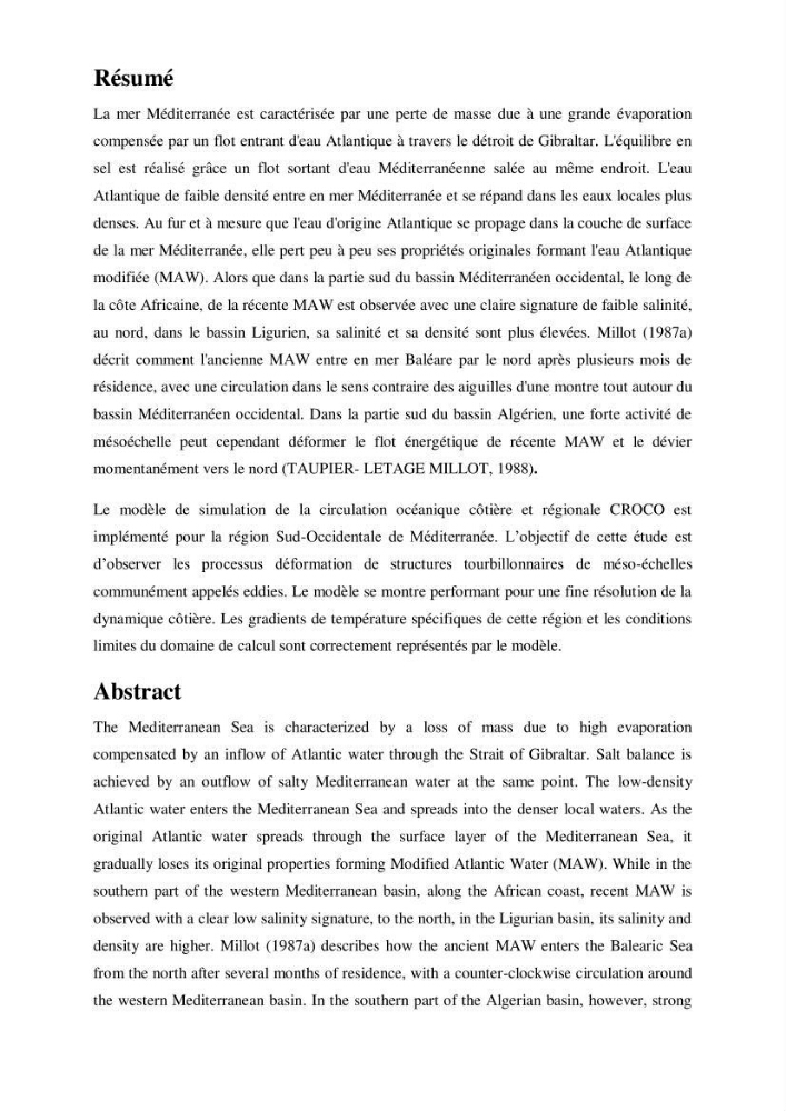 Etude Numérique de la Circulation Océanique en Méditerranée à l’aide du Modèle CROCO (Coastal and Regional Ocean Community model):