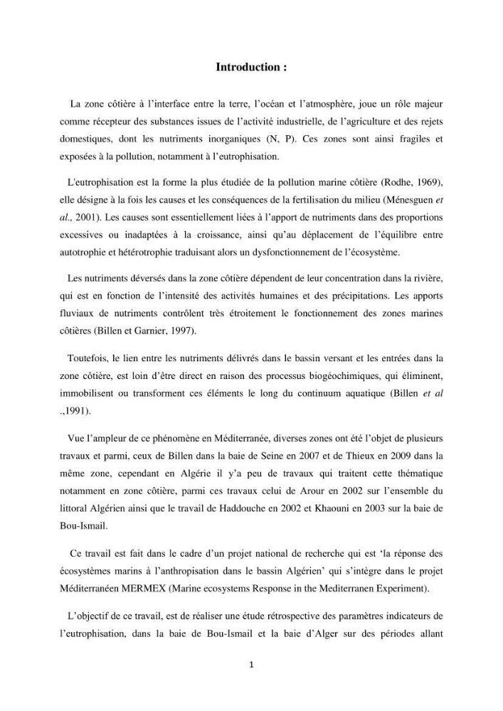 Suivi de l\'état d\'eutrophisation dans les baies de Bou-Ismail et d\'Alger
