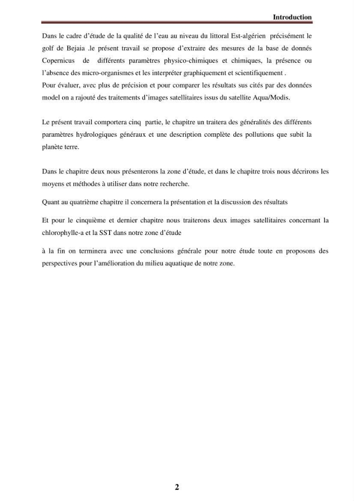 Evaluation de la qualité des eaux du littoral Est algérien (Bejaia) apport de la télédétection marine