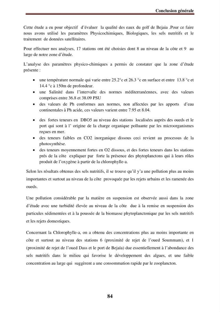 Evaluation de la qualité des eaux du littoral Est algérien (Bejaia) apport de la télédétection marine