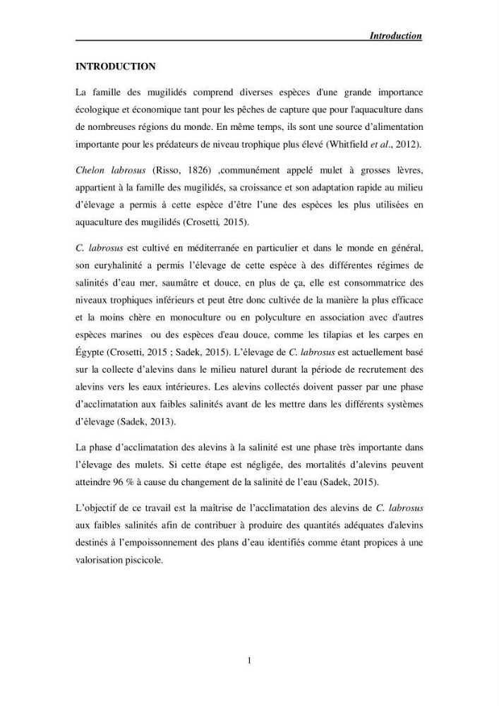 Acclimatation aux faibles salinités des alevins de mulet Chelon labrosus (Risso, 1826).