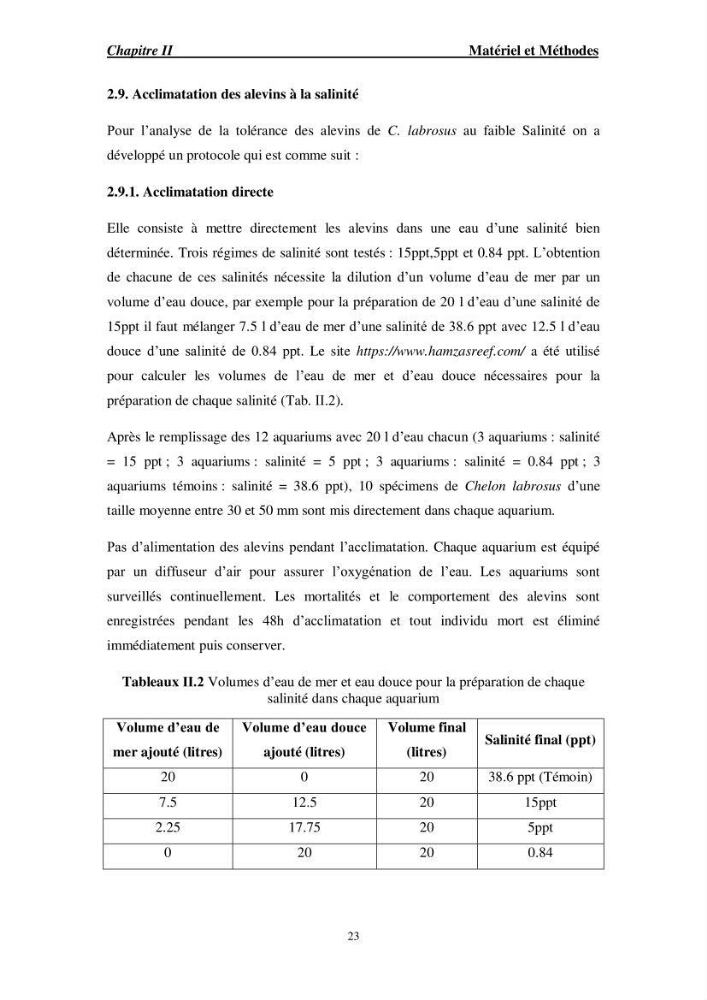 Acclimatation aux faibles salinités des alevins de mulet Chelon labrosus (Risso, 1826).
