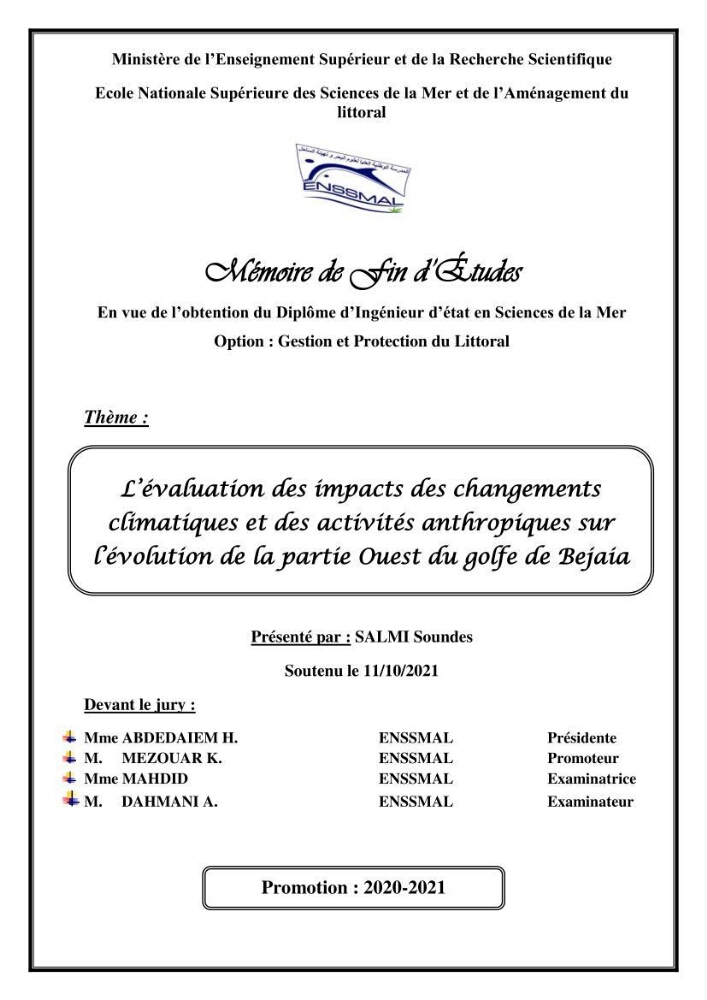 l\'évaluation des impacts des changement climatiques et de activités anthropiques sur l\'évaluation de la partie du golfe bejaia