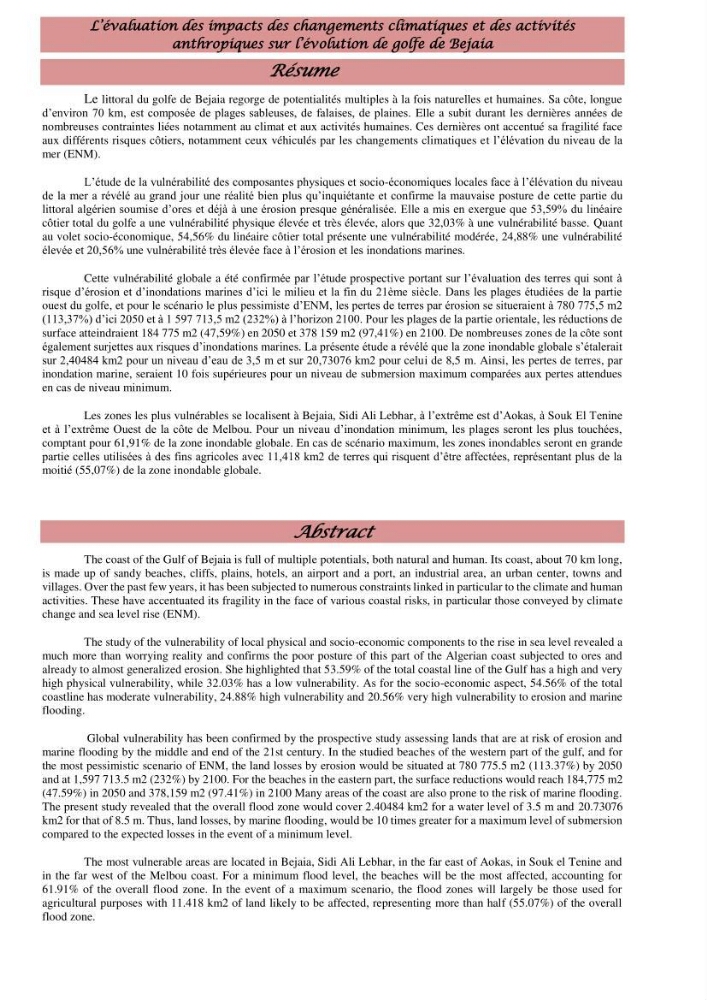 l\'évaluation des impacts des changement climatiques et de activités anthropiques sur l\'évaluation de la partie du golfe bejaia