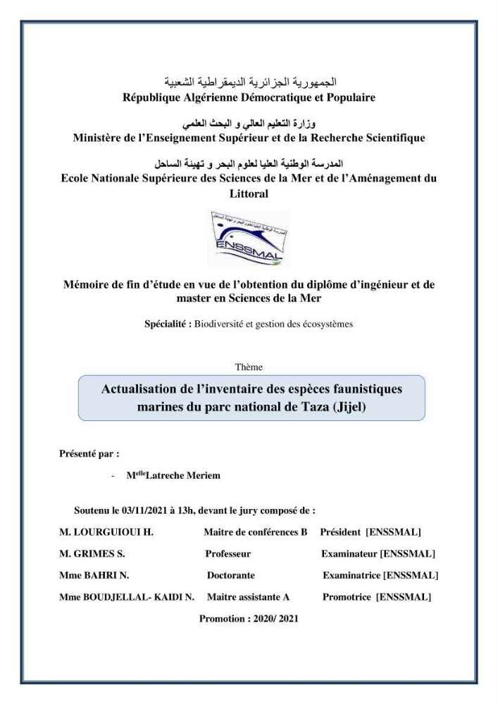 Actualisation de l’inventaire des espèces faunistiques marines du parc national de Taza (Jijel)