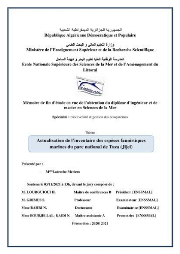 Actualisation de l’inventaire des espèces faunistiques marines du parc national de Taza (Jijel) Actualisation de l’inventaire des espèces faunistiques marines du parc national de Taza (Jijel)