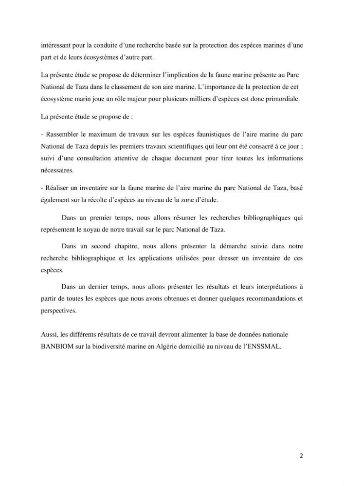 Actualisation de l’inventaire des espèces faunistiques marines du parc national de Taza (Jijel)