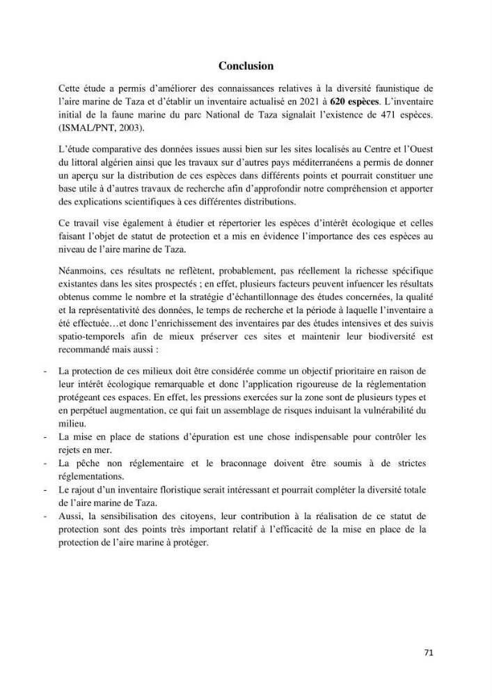 Actualisation de l’inventaire des espèces faunistiques marines du parc national de Taza (Jijel)