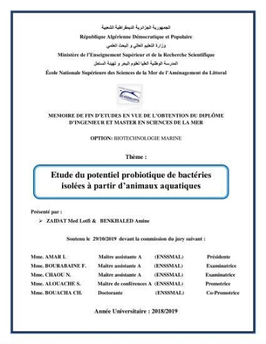 Etude du potentiel probiotique de bactéries isolées à partir d’animaux aquatiques: Etude du potentiel probiotique de bactéries isolées à partir d’animaux aquatiques: