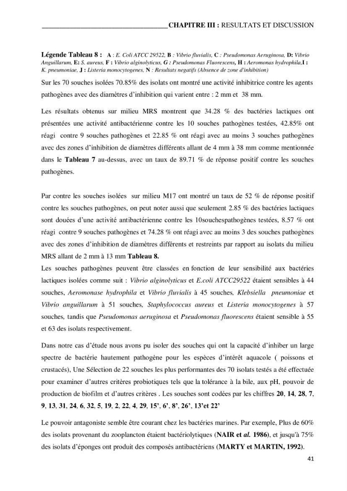Etude du potentiel probiotique de bactéries isolées à partir d’animaux aquatiques: