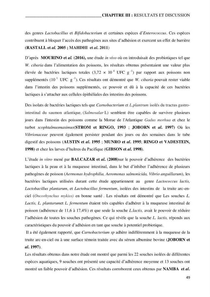 Etude du potentiel probiotique de bactéries isolées à partir d’animaux aquatiques: