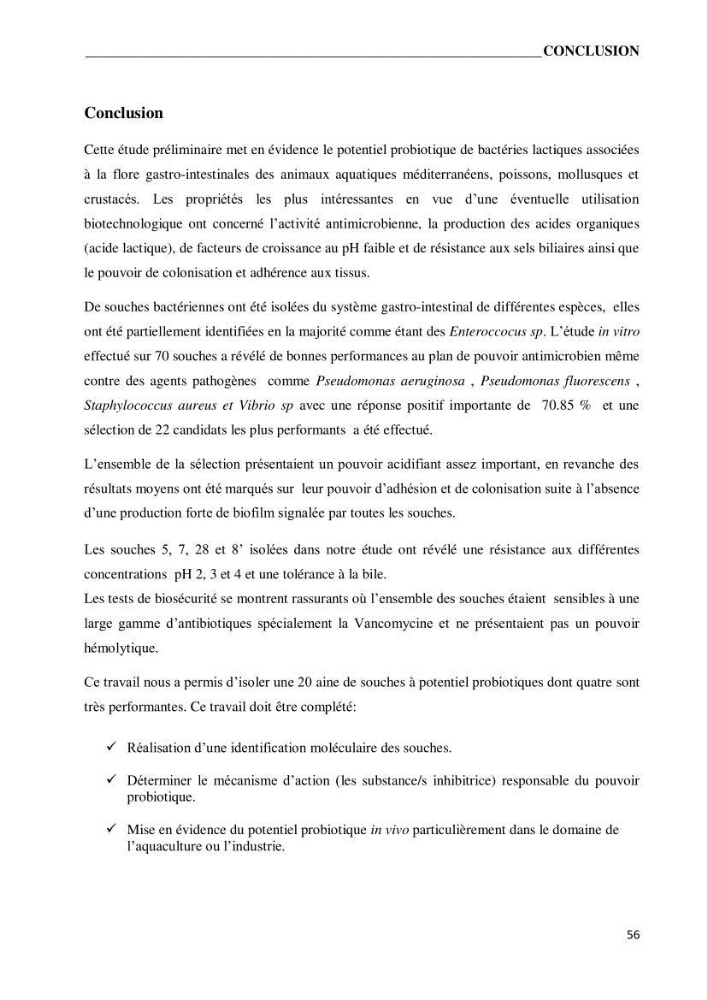Etude du potentiel probiotique de bactéries isolées à partir d’animaux aquatiques: