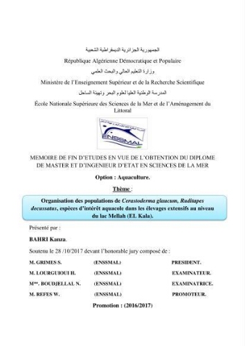 Organisation des populations de Cerastoderma glaucum, Ruditapes decussatus, espèces d’intérêt aquacole dans les élevages extensifs au niveau du lac Mellah (EL Kala).: Organisation des populations de Cerastoderma glaucum, Ruditapes decussatus, espèces d’intérêt aquacole dans les élevages extensifs au niveau du lac Mellah (EL Kala).: