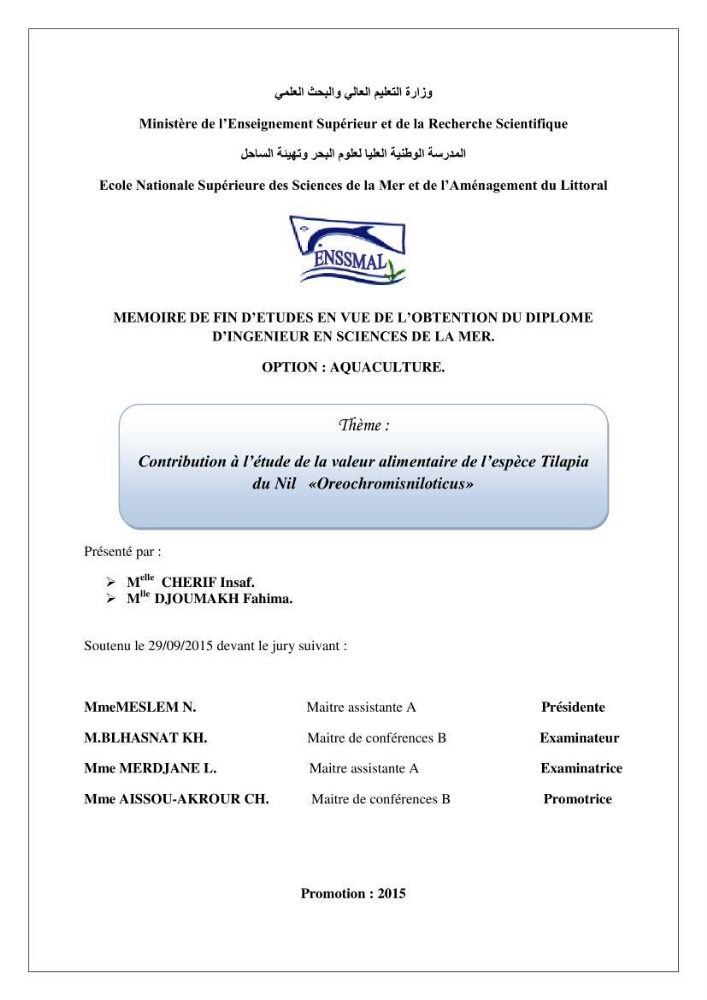 Contribution à l\'étude de la valeur alimentaire de l\'éspèce Tilapia du nil \"orechoromisniloticus\":