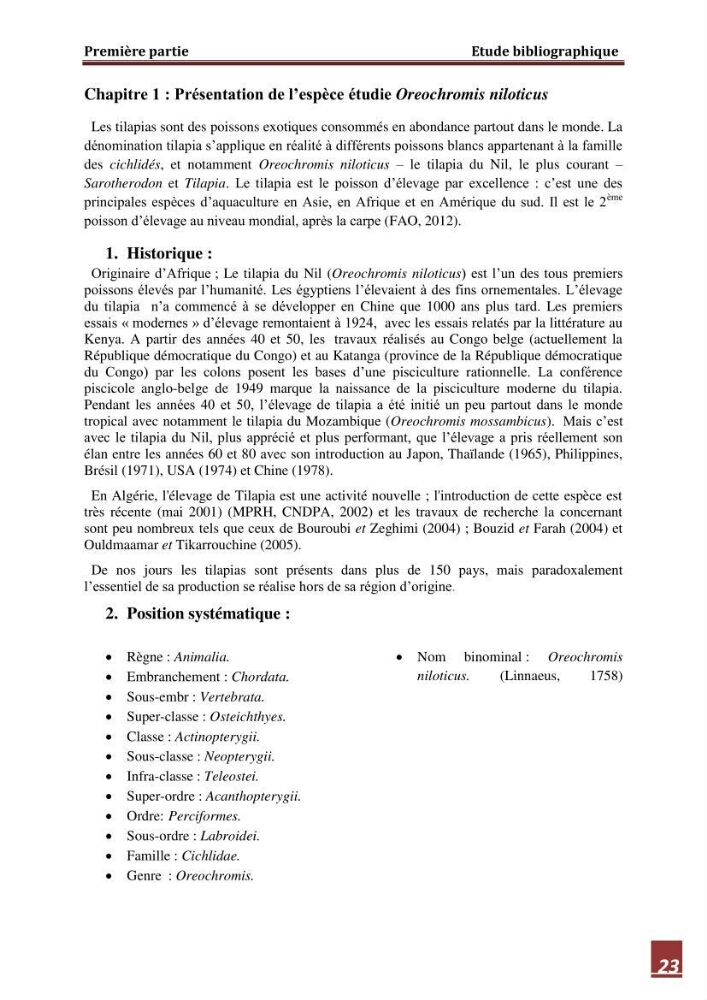 Contribution à l\'étude de la valeur alimentaire de l\'éspèce Tilapia du nil \"orechoromisniloticus\":