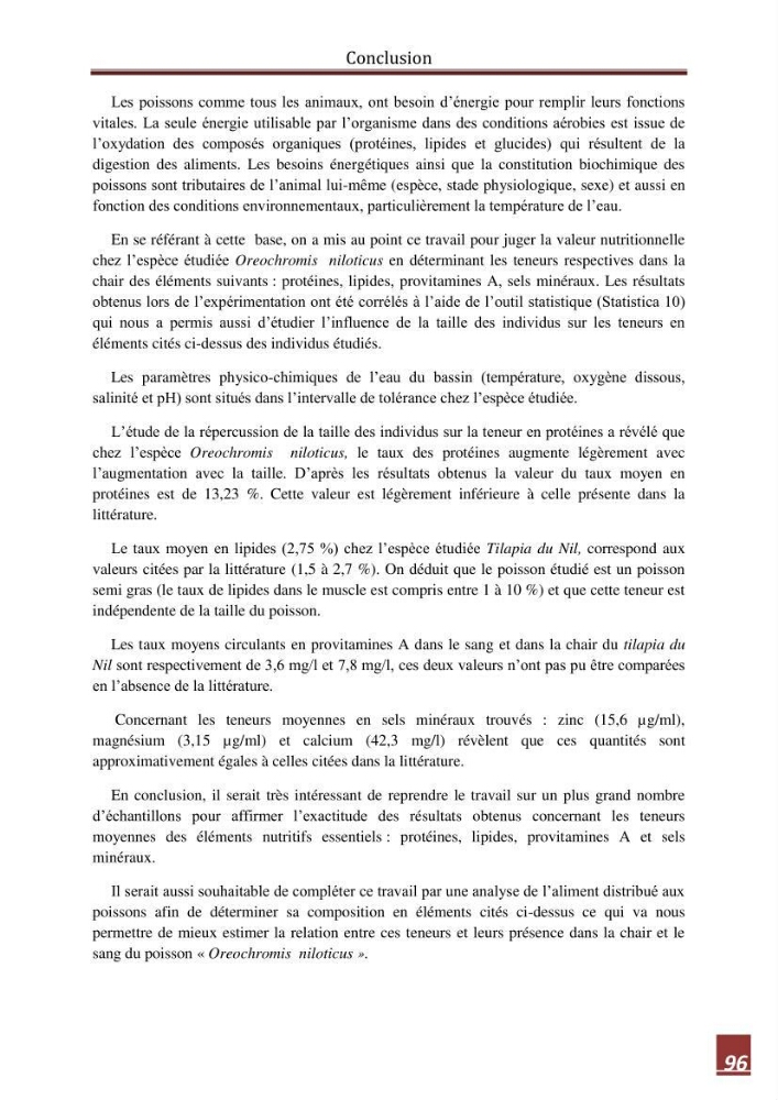 Contribution à l\'étude de la valeur alimentaire de l\'éspèce Tilapia du nil \"orechoromisniloticus\":