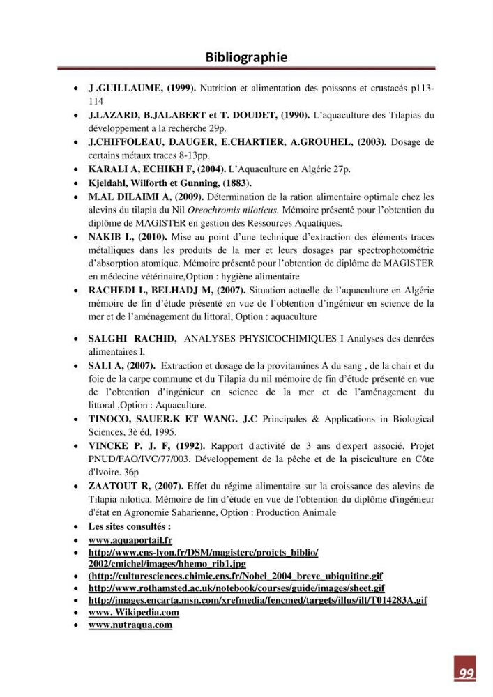 Contribution à l\'étude de la valeur alimentaire de l\'éspèce Tilapia du nil \"orechoromisniloticus\":