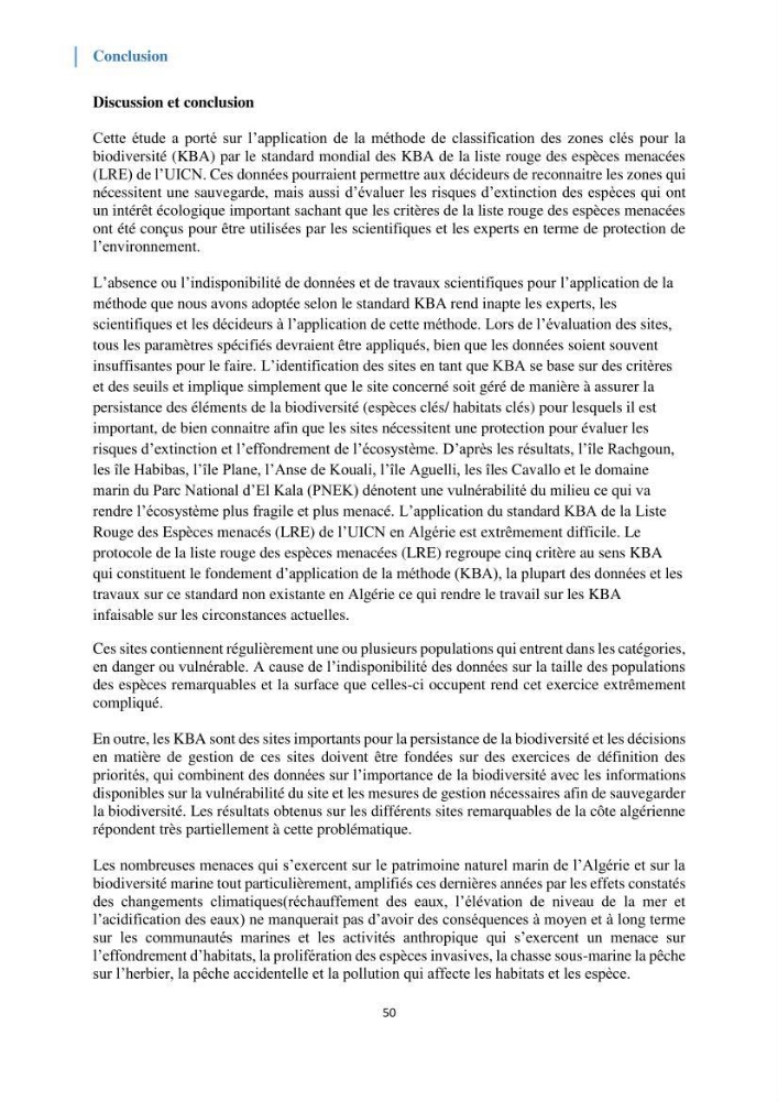Tester les critères établis par l’UICN concernant les zones clés pour la biodiversité sur quelques habitats remarquables des côtes Algériennes