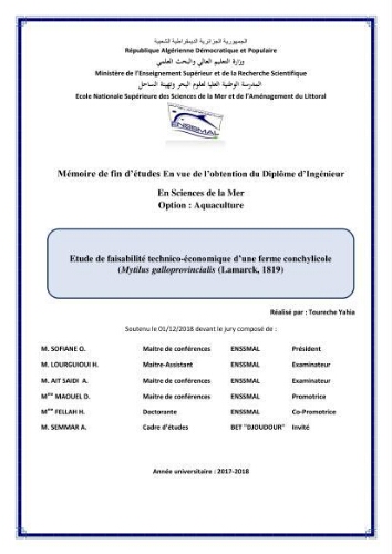 Etude de faisabilité technico-économique d’une ferme conchylicole (Mytilus galloprovincialis (Lamarck, 1819) Etude de faisabilité technico-économique d’une ferme conchylicole (Mytilus galloprovincialis (Lamarck, 1819)